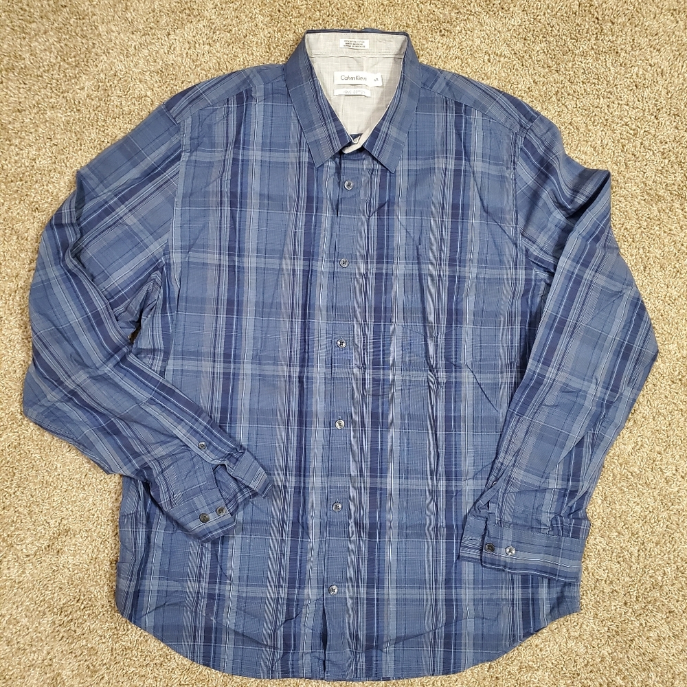 Calvin Klein Liquid Cotton Blue Plaid Long Sleeve Button Down Shirt Mens XL  Goo